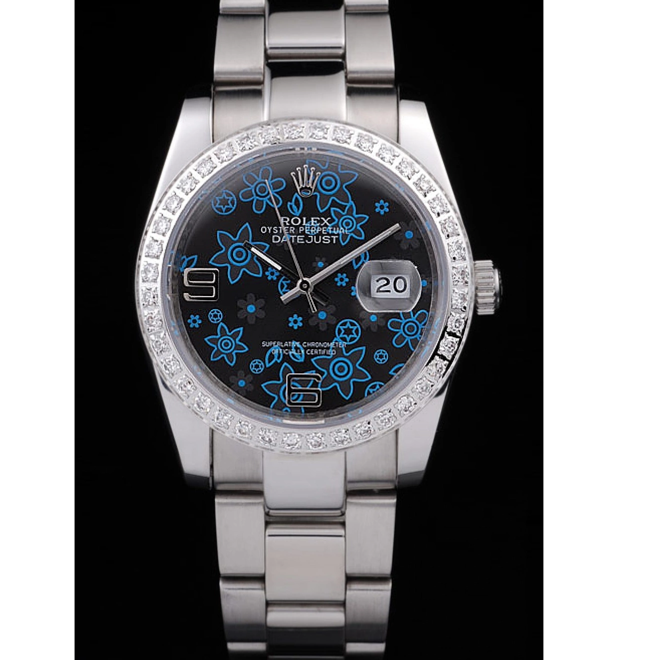 Good copy rolex watches Dial Diamond Datejust Polished Plated Blue Dark Flowers Steel Rolex Stainless 0818